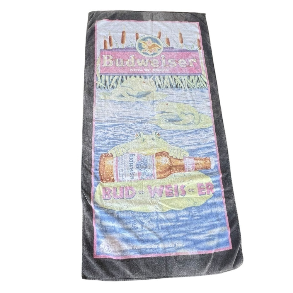 VTG 90s Budweiser Frogs Beach Towel King of Beers Lilly Pad‎ Reeds 28x55 FADED